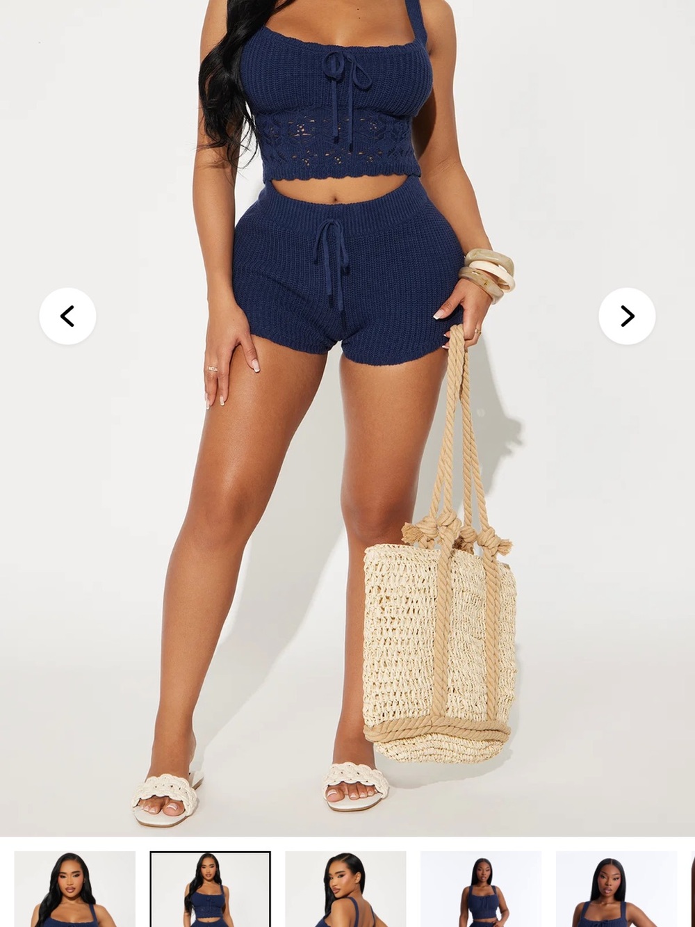 Fashion Nova Navy High Waist Crochet Drawstring Shorts SET